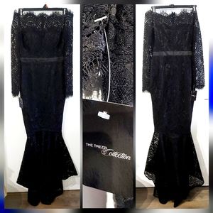 BRAND NEW Black Lace Off-Shoulder Long Sleeve Mermaid Evening Gown Size Large